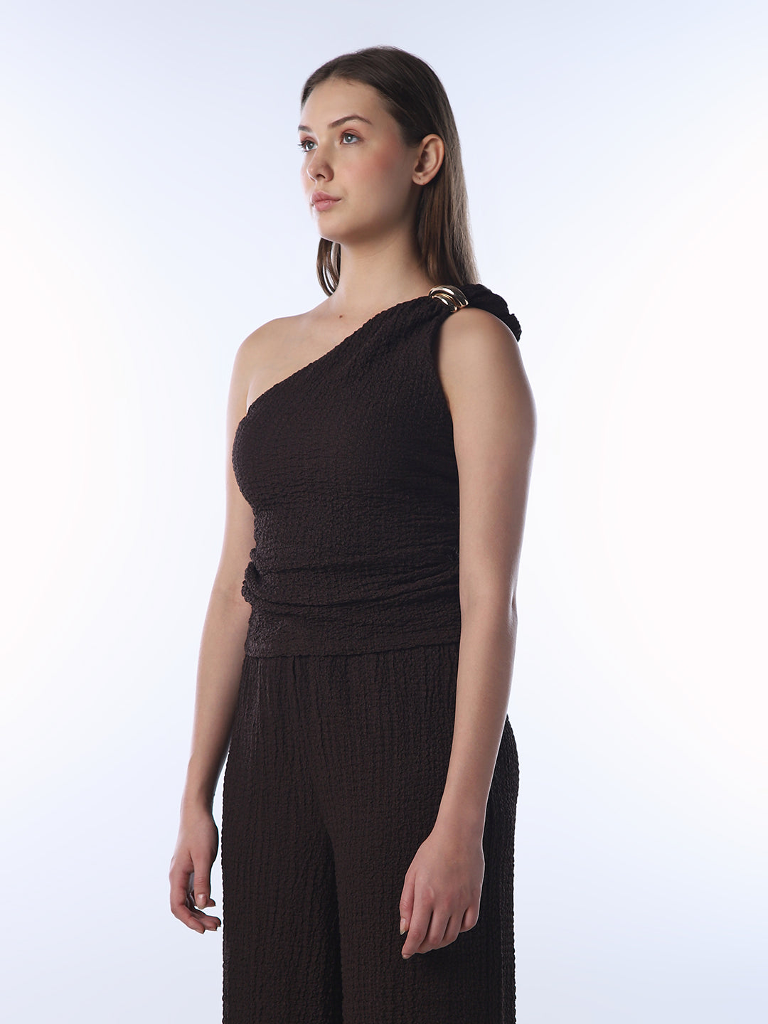 Brown Crinkle Weave One Shoulder Top