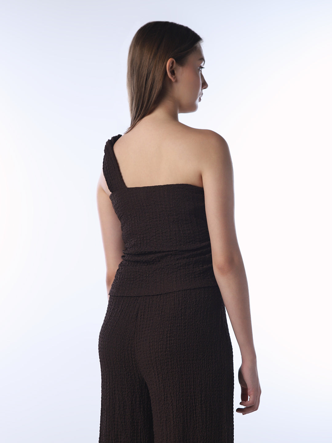 Brown Crinkle Weave One Shoulder Top