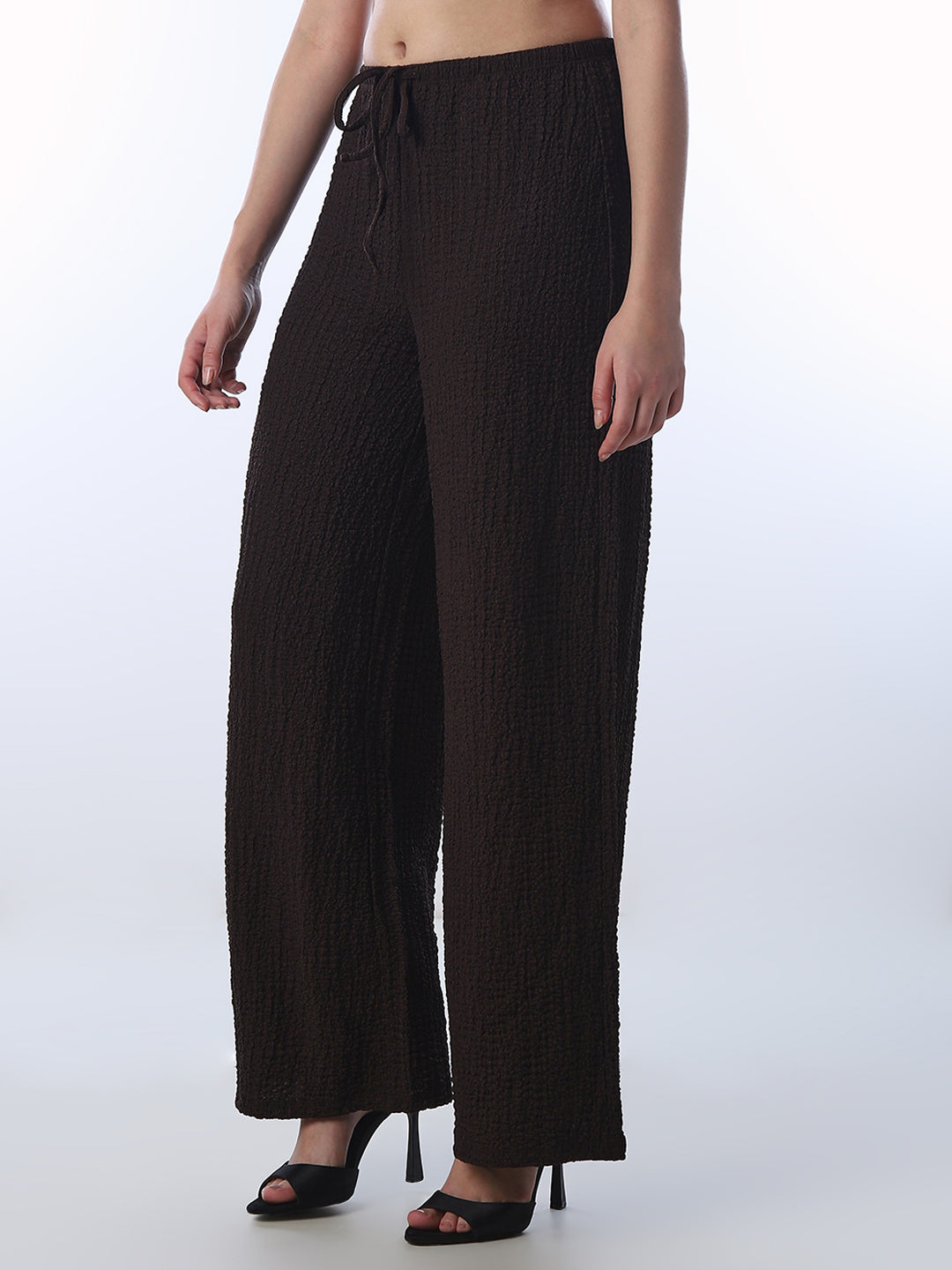 Brown Crinkle Weave Wide Leg Pants