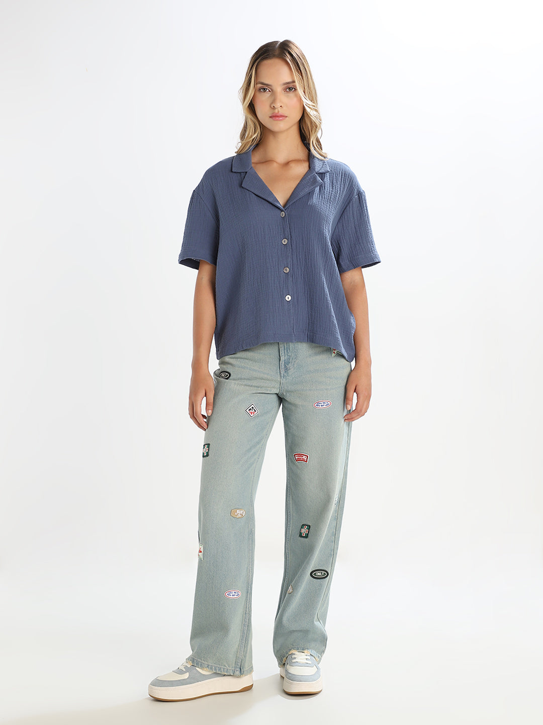 Blue Jacquard Loose Fit Shirt