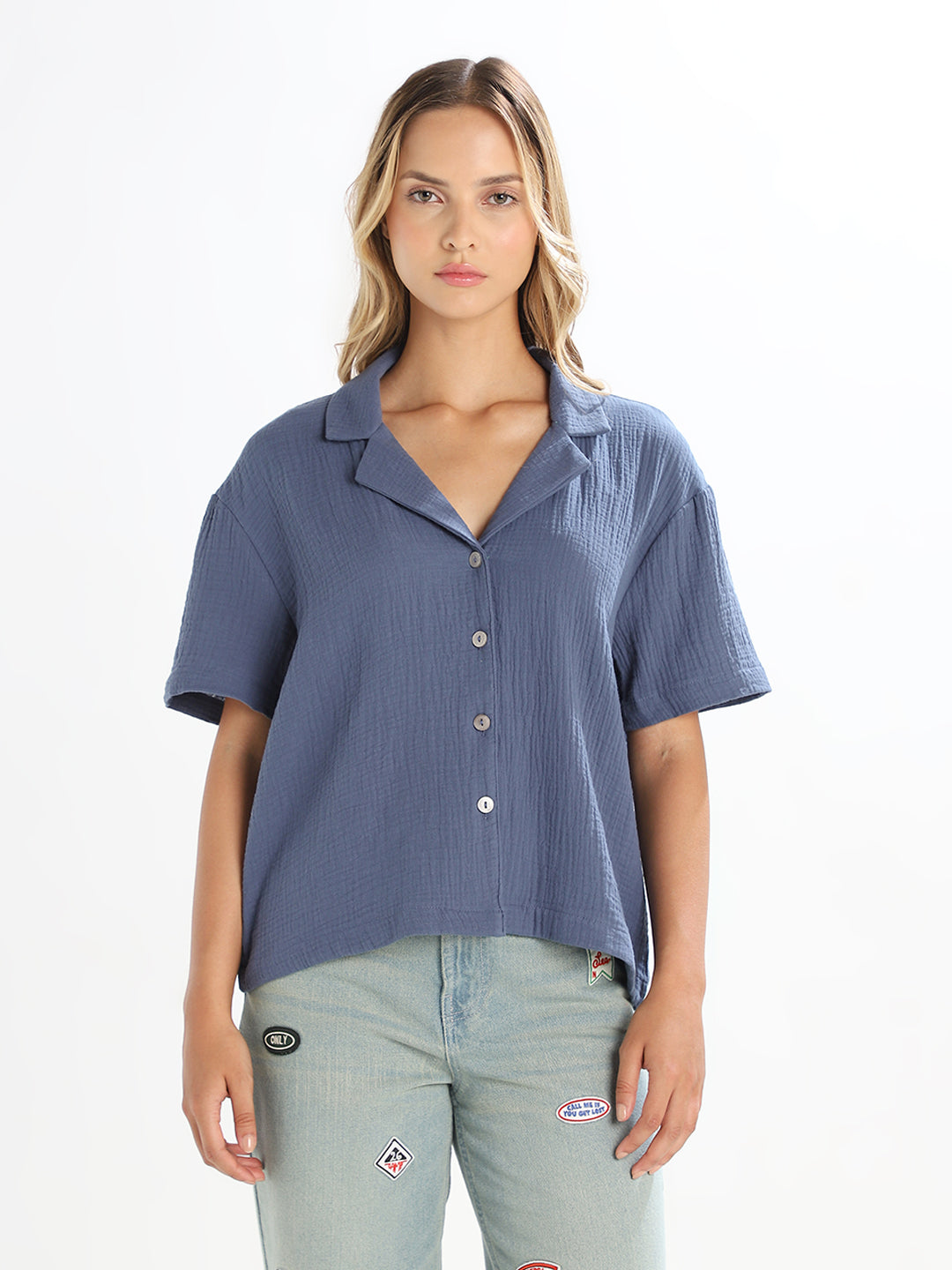 Blue Jacquard Loose Fit Shirt