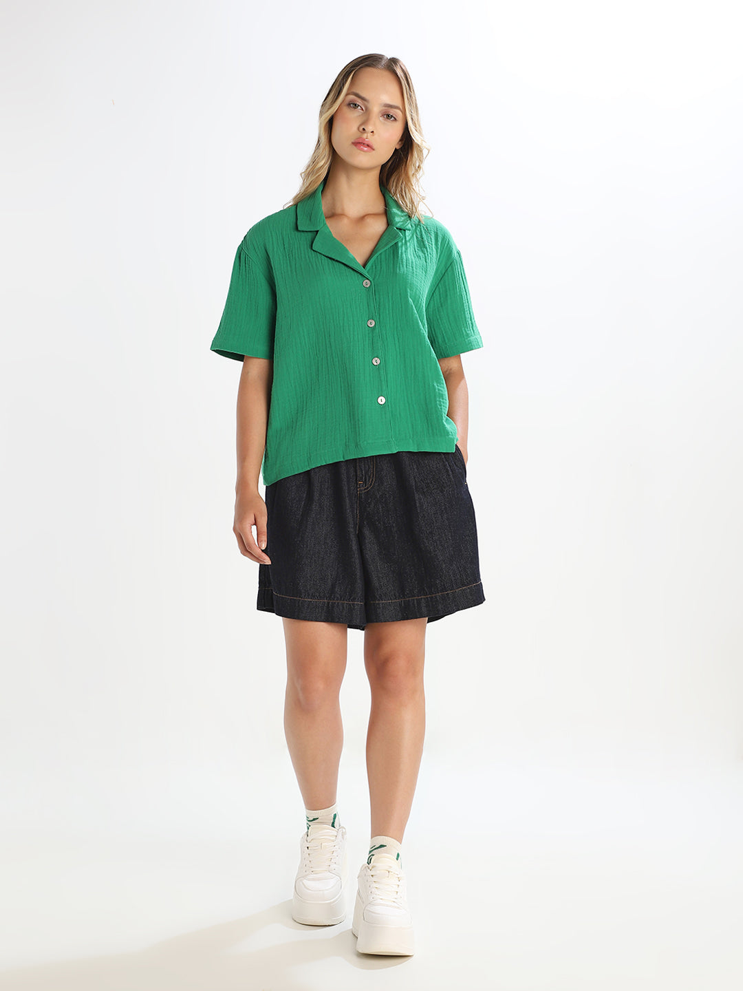 Green Jacquard Loose Fit Shirt