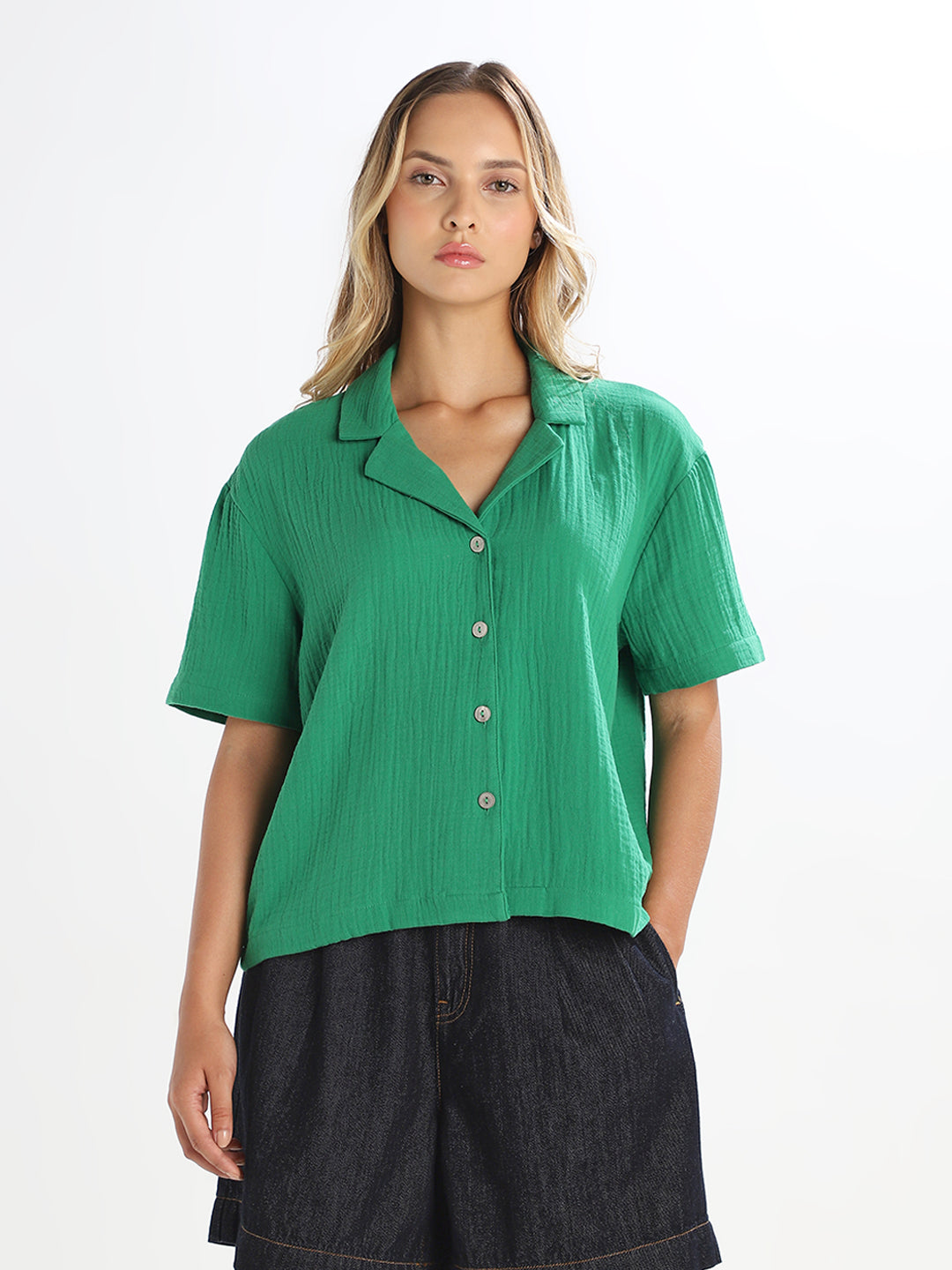 Green Jacquard Loose Fit Shirt