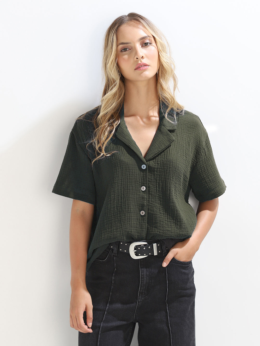 Black Textured Cropped Shirt