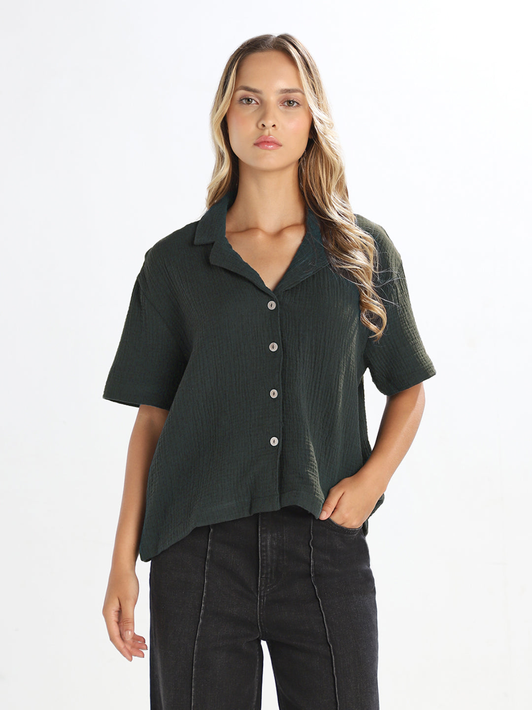 Black Textured Cropped Shirt