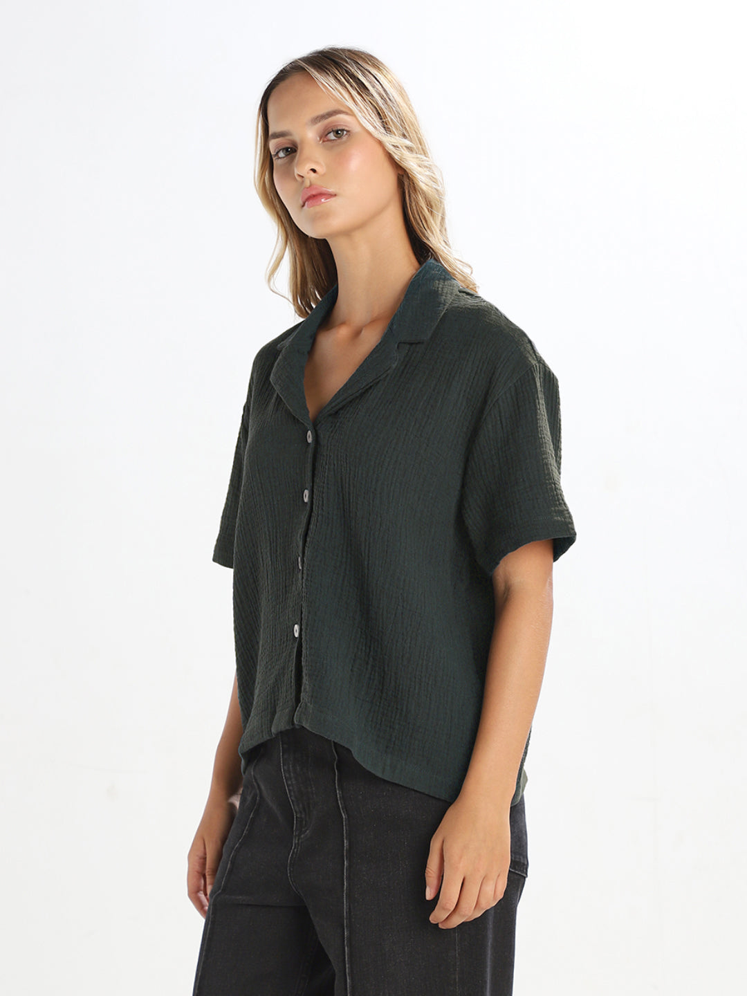 Black Textured Cropped Shirt
