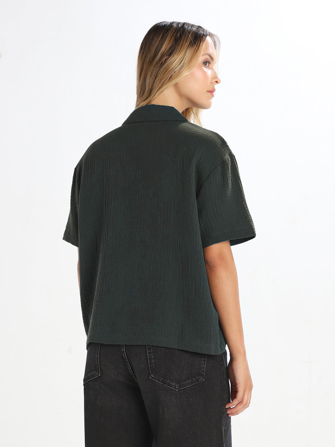 Black Textured Cropped Shirt