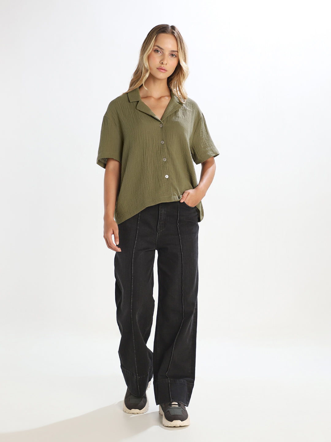 Dark Green Textured Cropped Shirt
