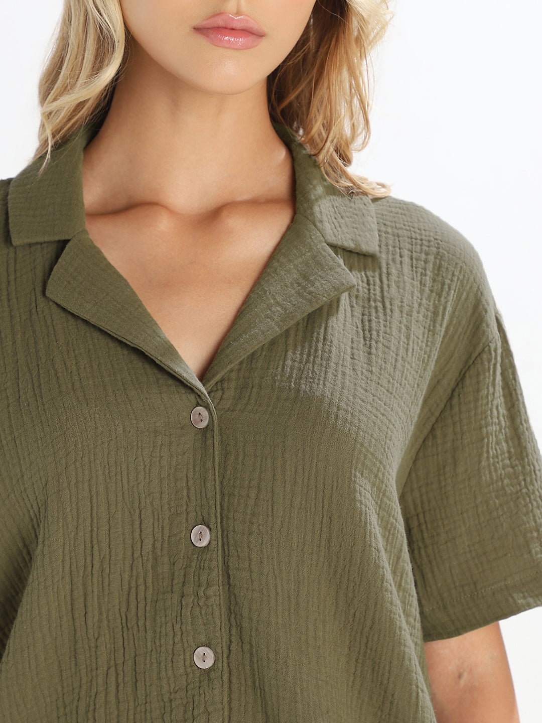 Dark Green Textured Cropped Shirt