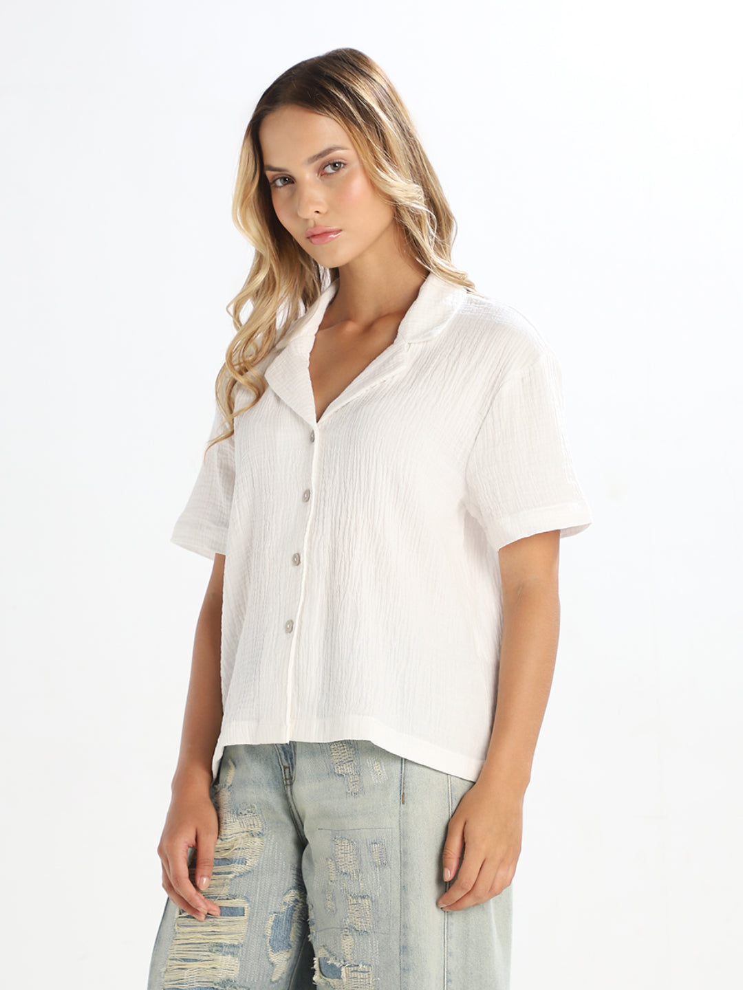 White Textured Cropped Shirt
