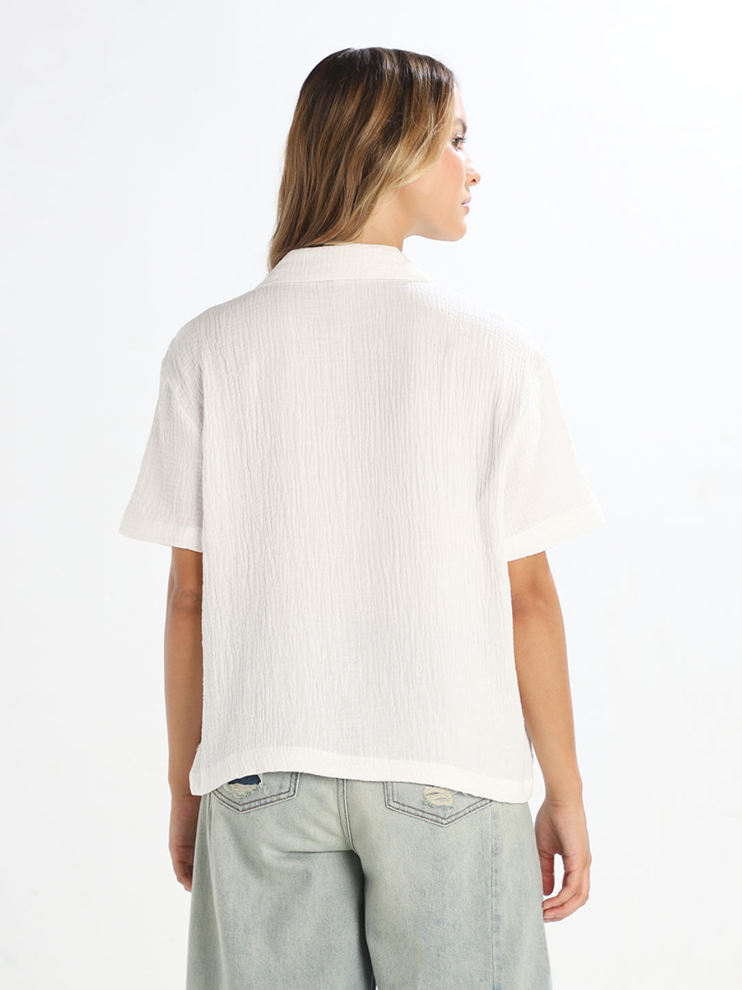 White Textured Cropped Shirt