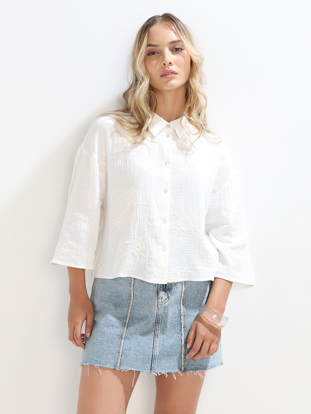 White Embroidered Cropped Shirt