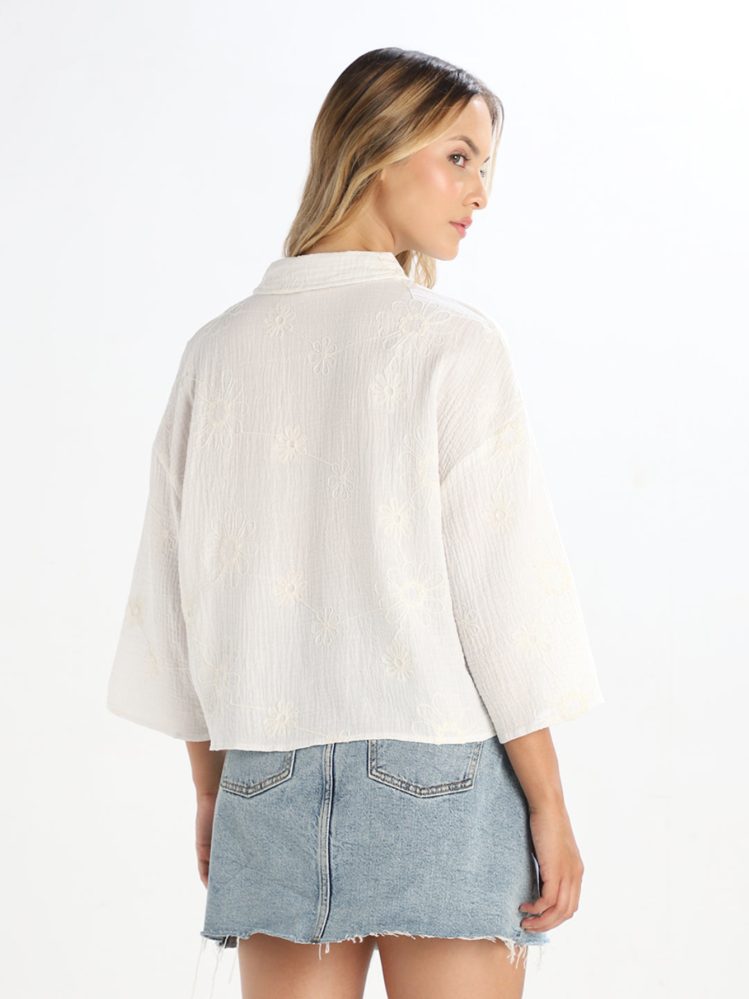 White Embroidered Cropped Shirt