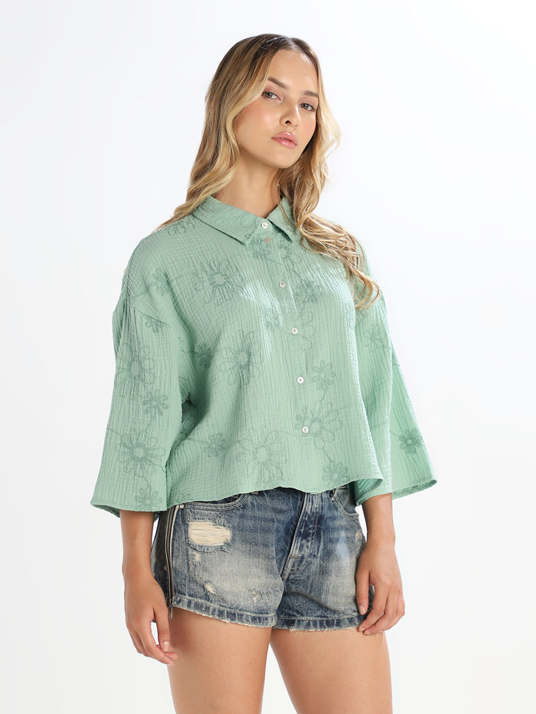 Green Embroidered Cropped Shirt