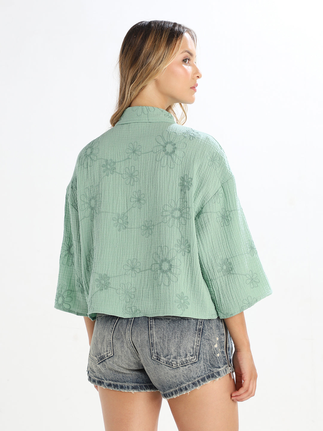 Green Embroidered Cropped Shirt