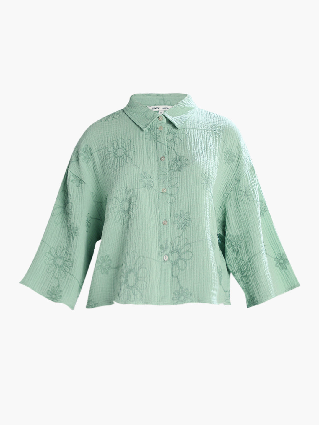 Green Embroidered Cropped Shirt