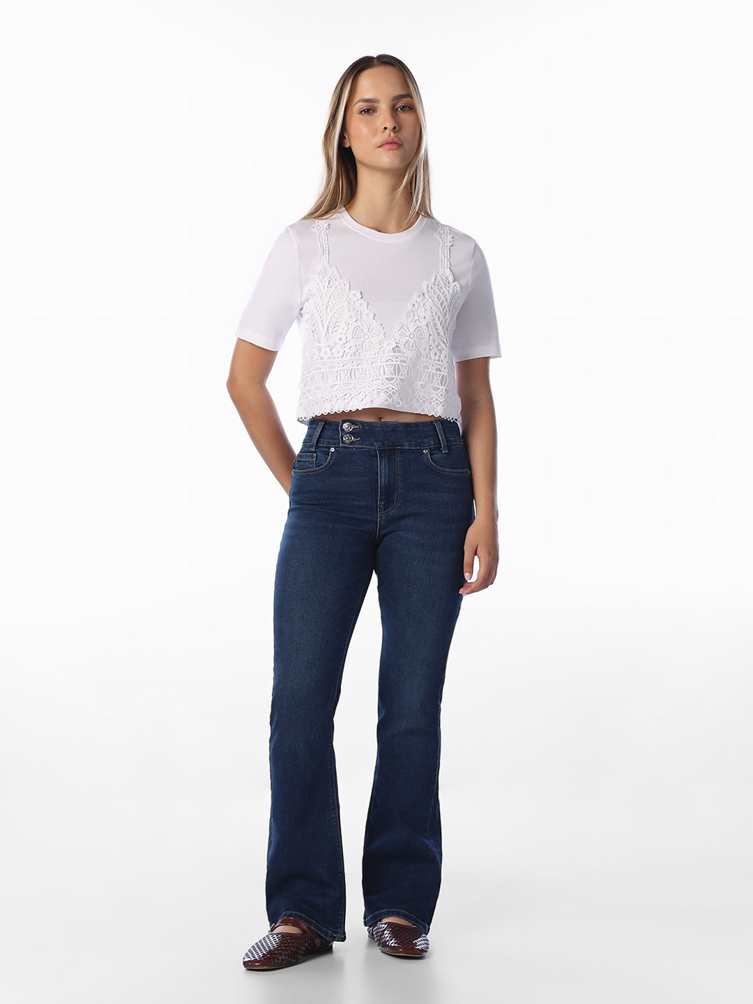 White Lace Detail O-Neck T-shirt