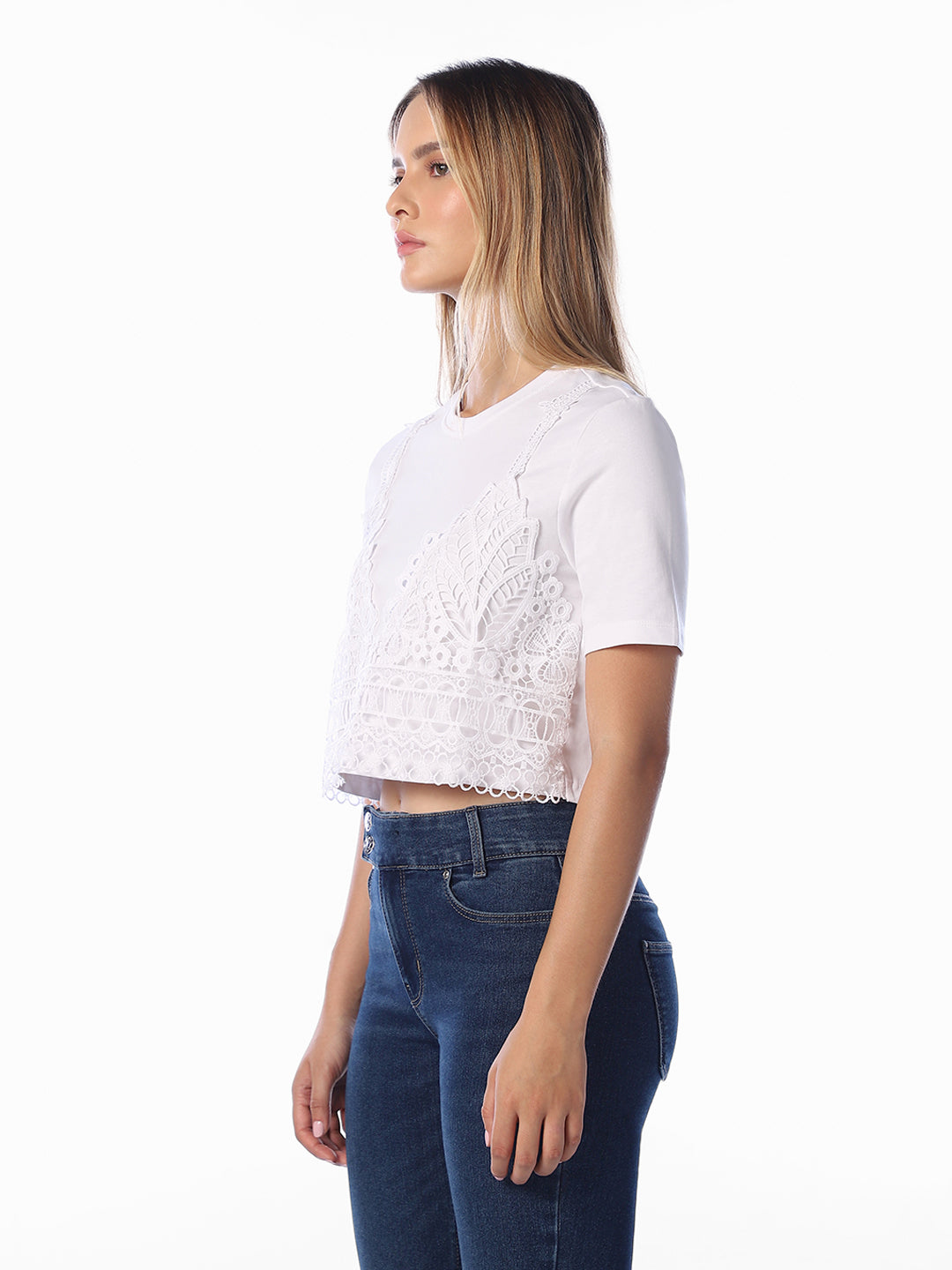 White Lace Detail O-Neck T-shirt
