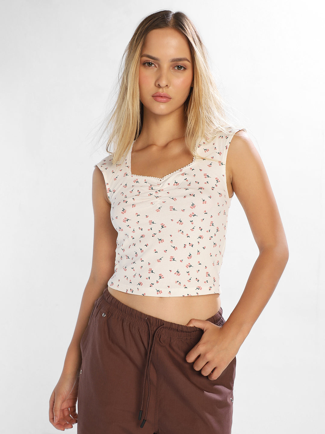 White Floral Print Ribbed Top