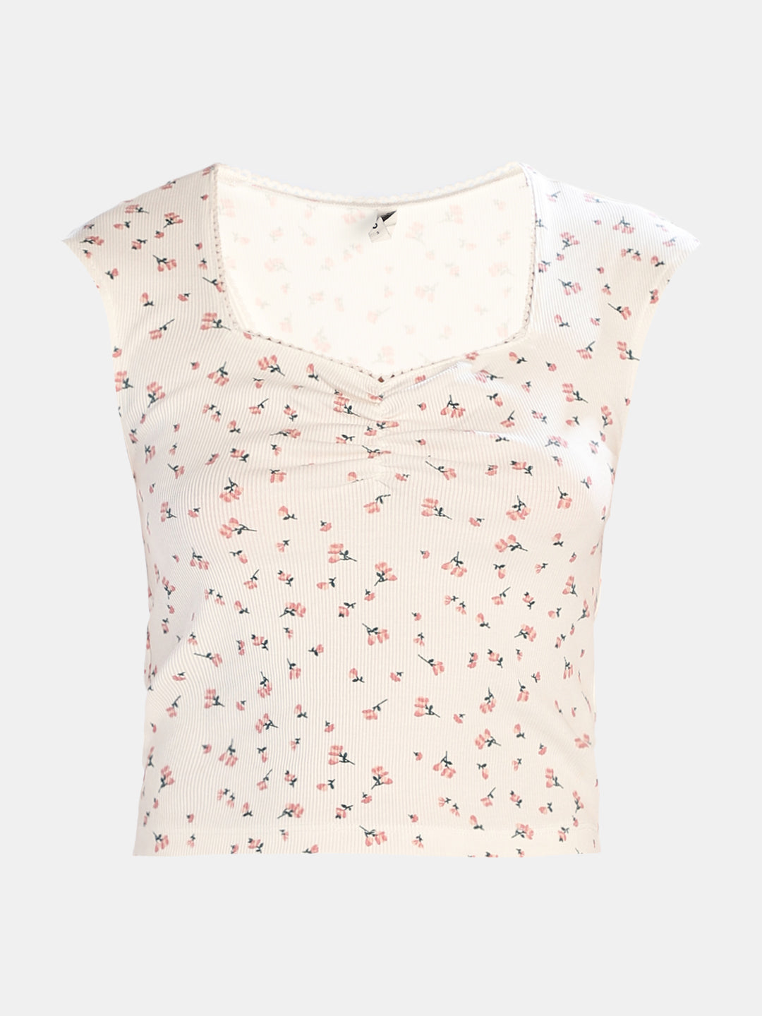 White Floral Print Ribbed Top