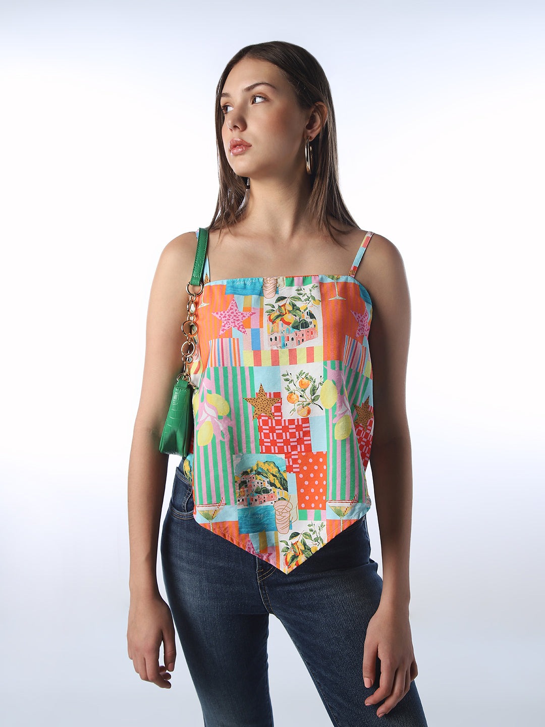 Patchwork Print Spaghetti Strap Top - XS