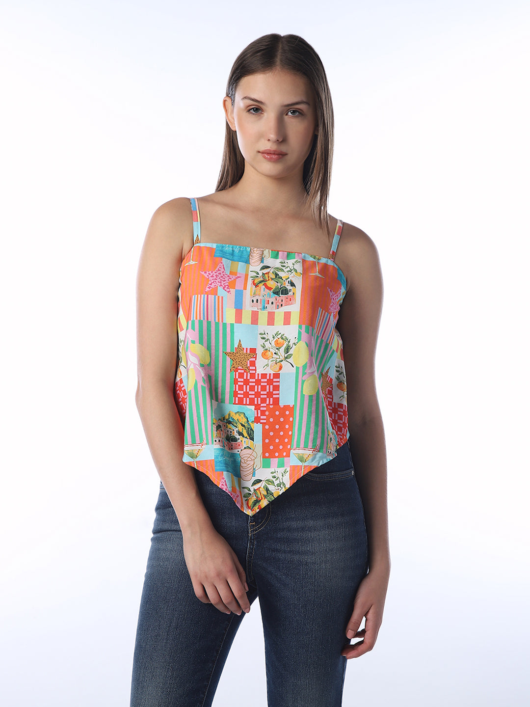 Patchwork Print Spaghetti Strap Top