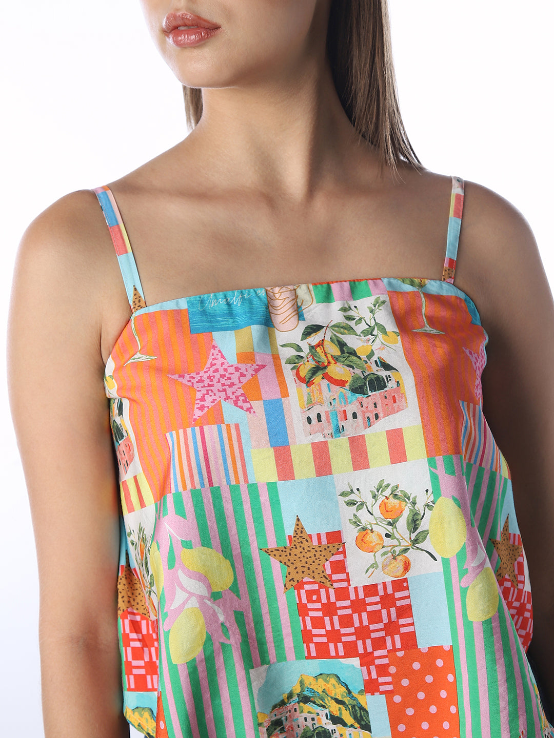 Patchwork Print Spaghetti Strap Top
