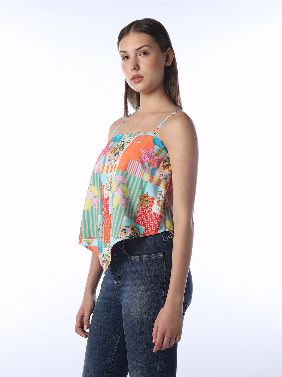 Patchwork Print Spaghetti Strap Top