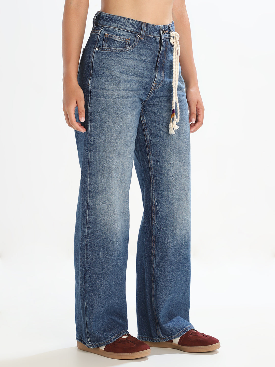 Dark Blue Washed Wide Leg Jeans