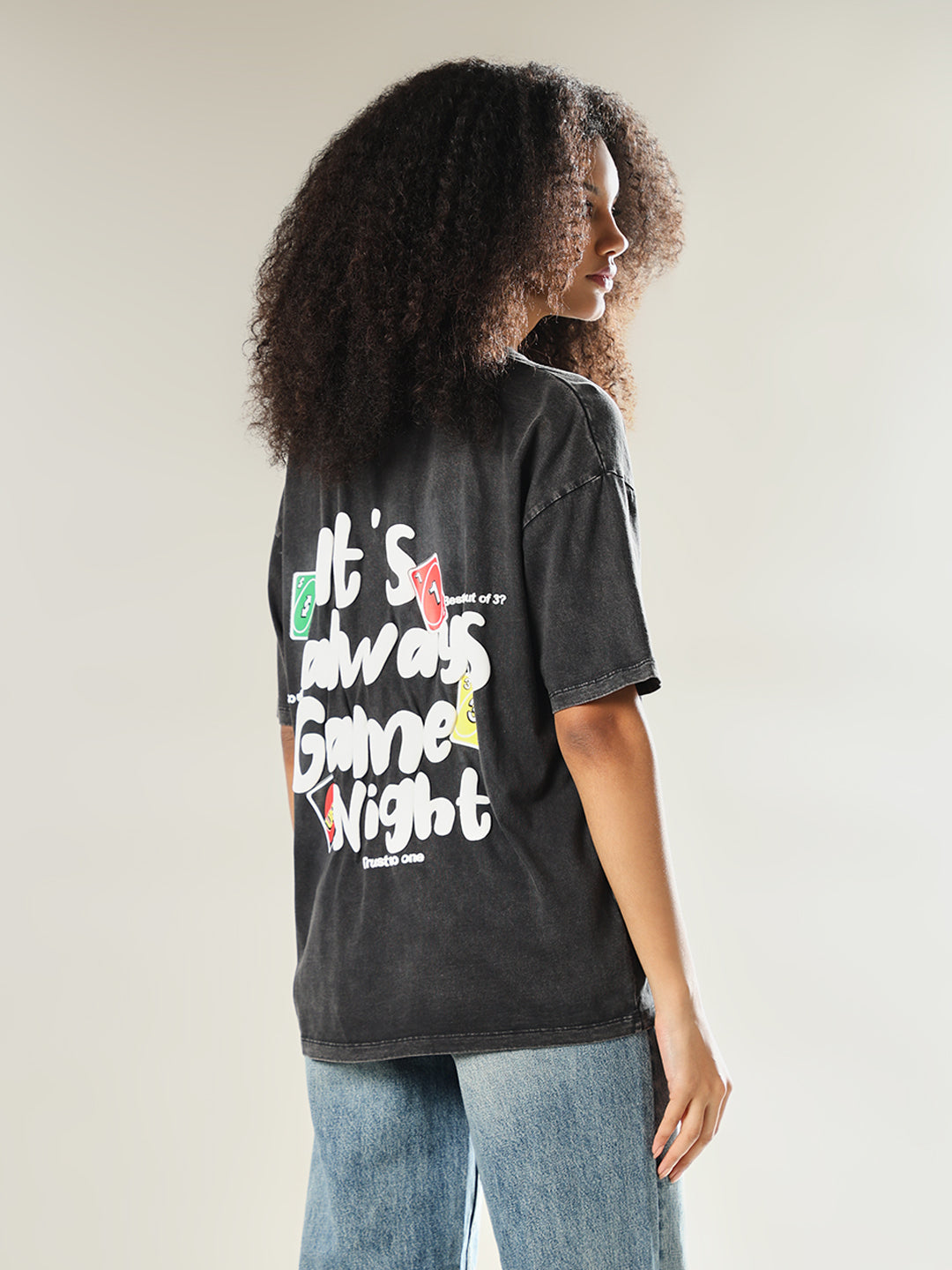 UNO X ONLY Black Printed Oversized T-shirt