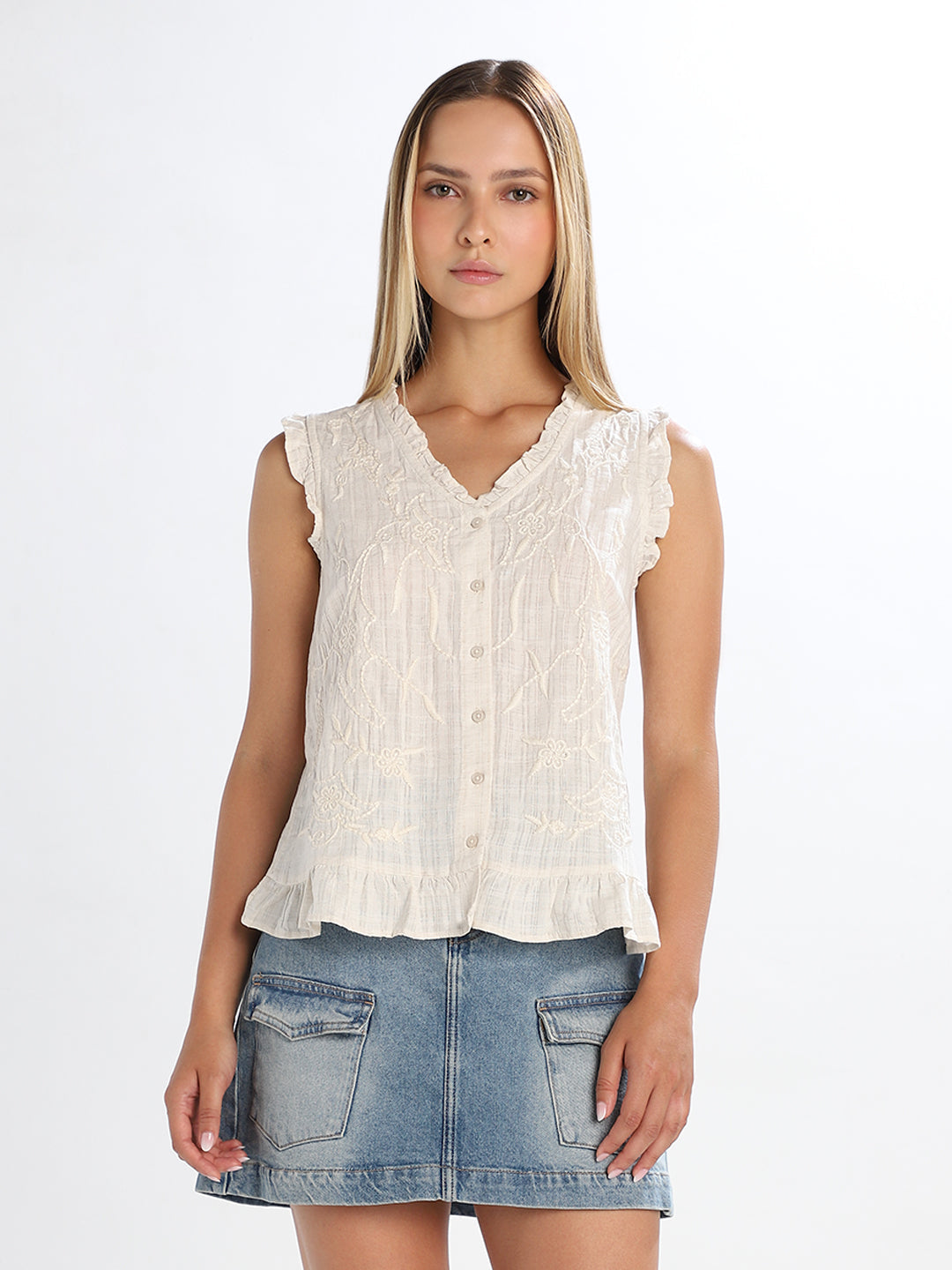 Embroidered V-Neck Top