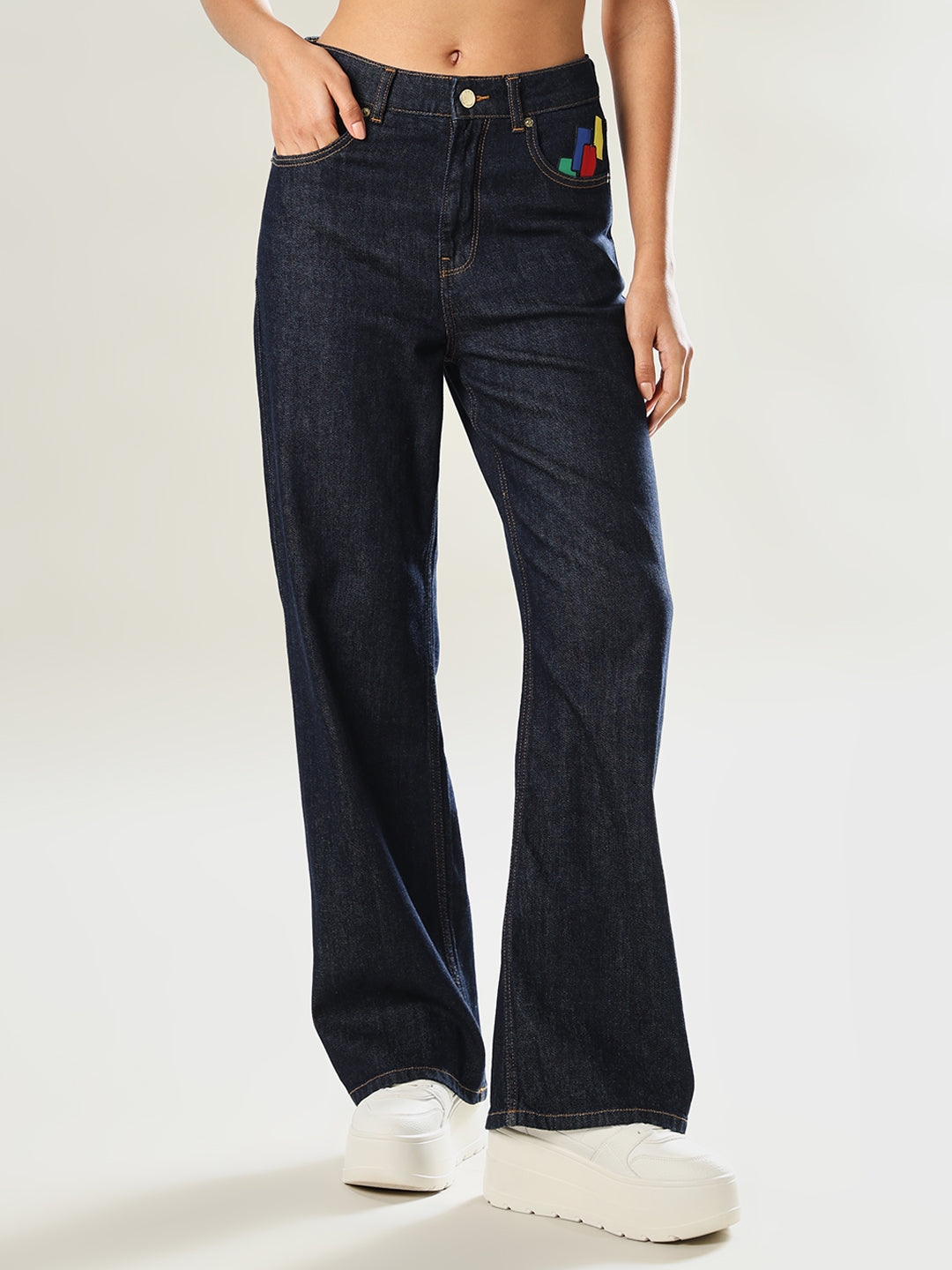 UNO X ONLY Dark Blue Printed Wide Leg Jeans