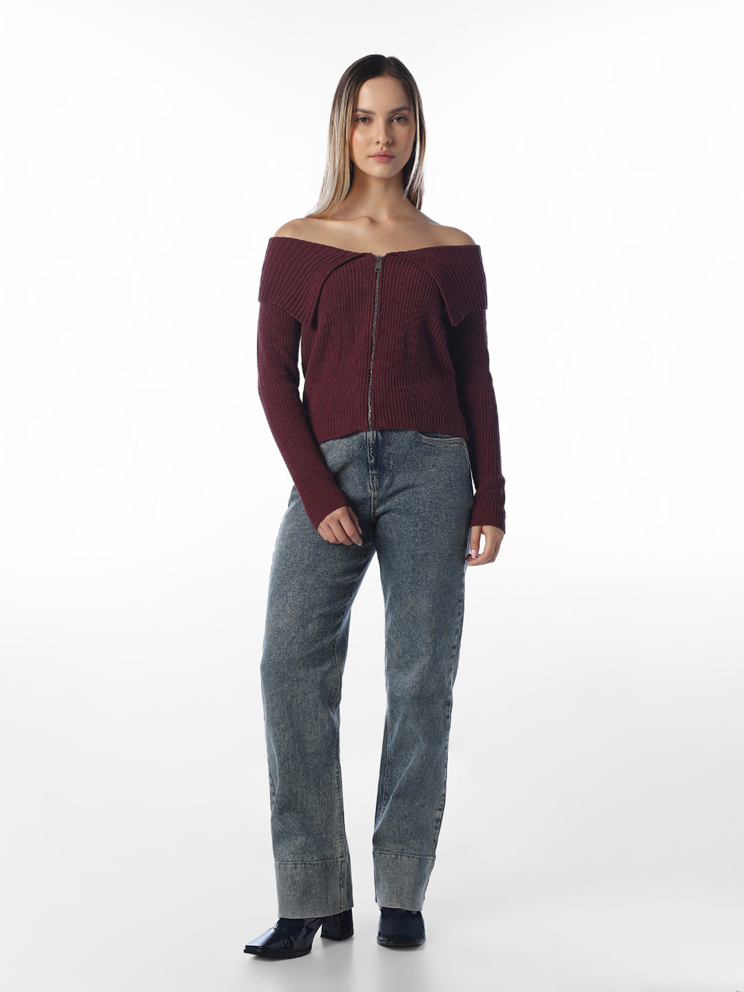 Brown Off-Shoulder Zipped Knit
