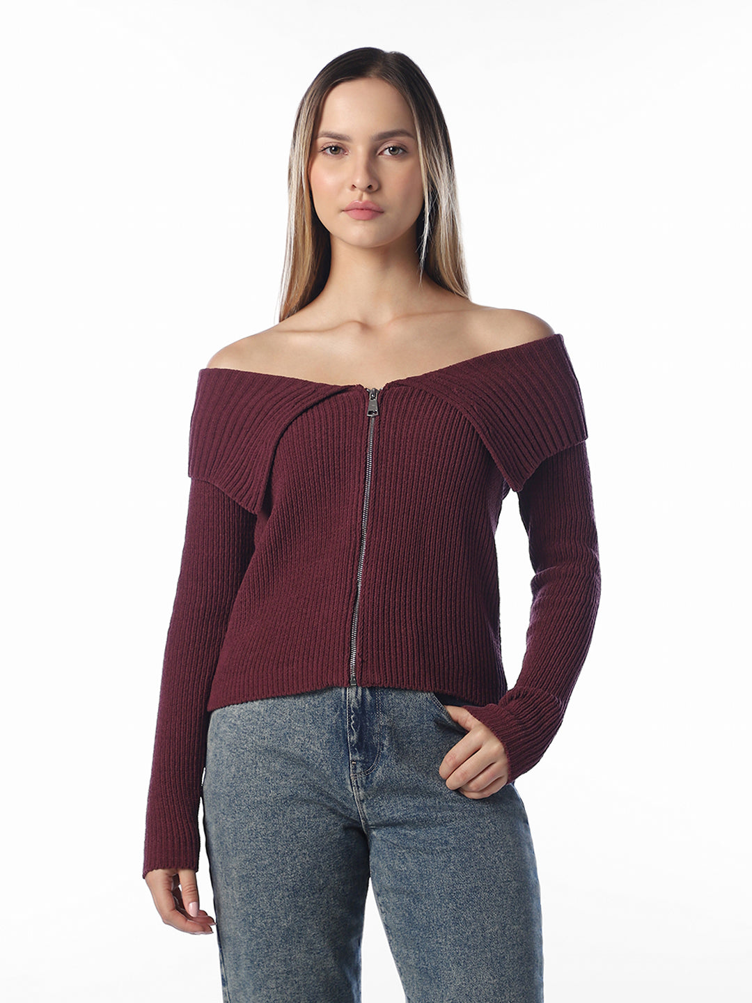 Brown Off-Shoulder Zipped Knit