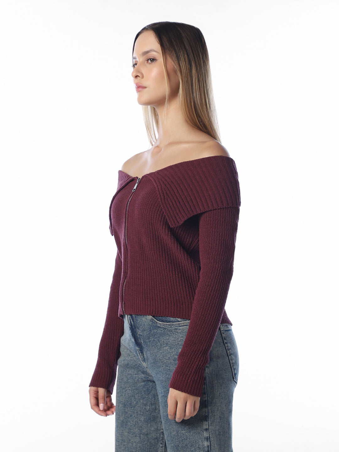 Brown Off-Shoulder Zipped Knit