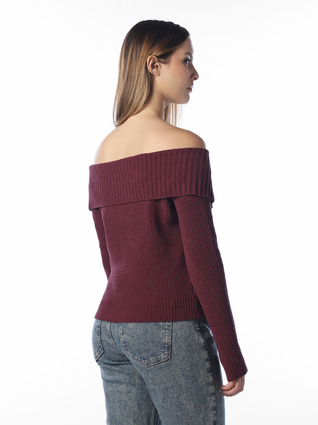 Brown Off-Shoulder Zipped Knit