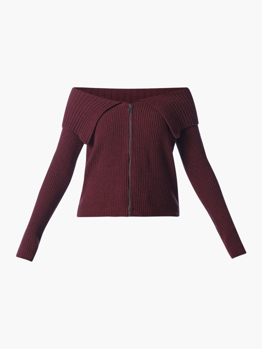 Brown Off-Shoulder Zipped Knit