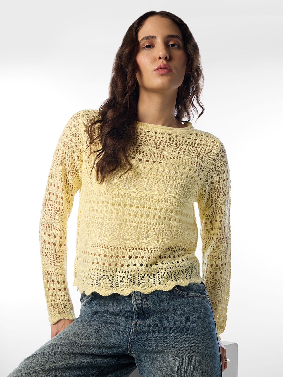 Yellow Pointelle Boatneck Pullover