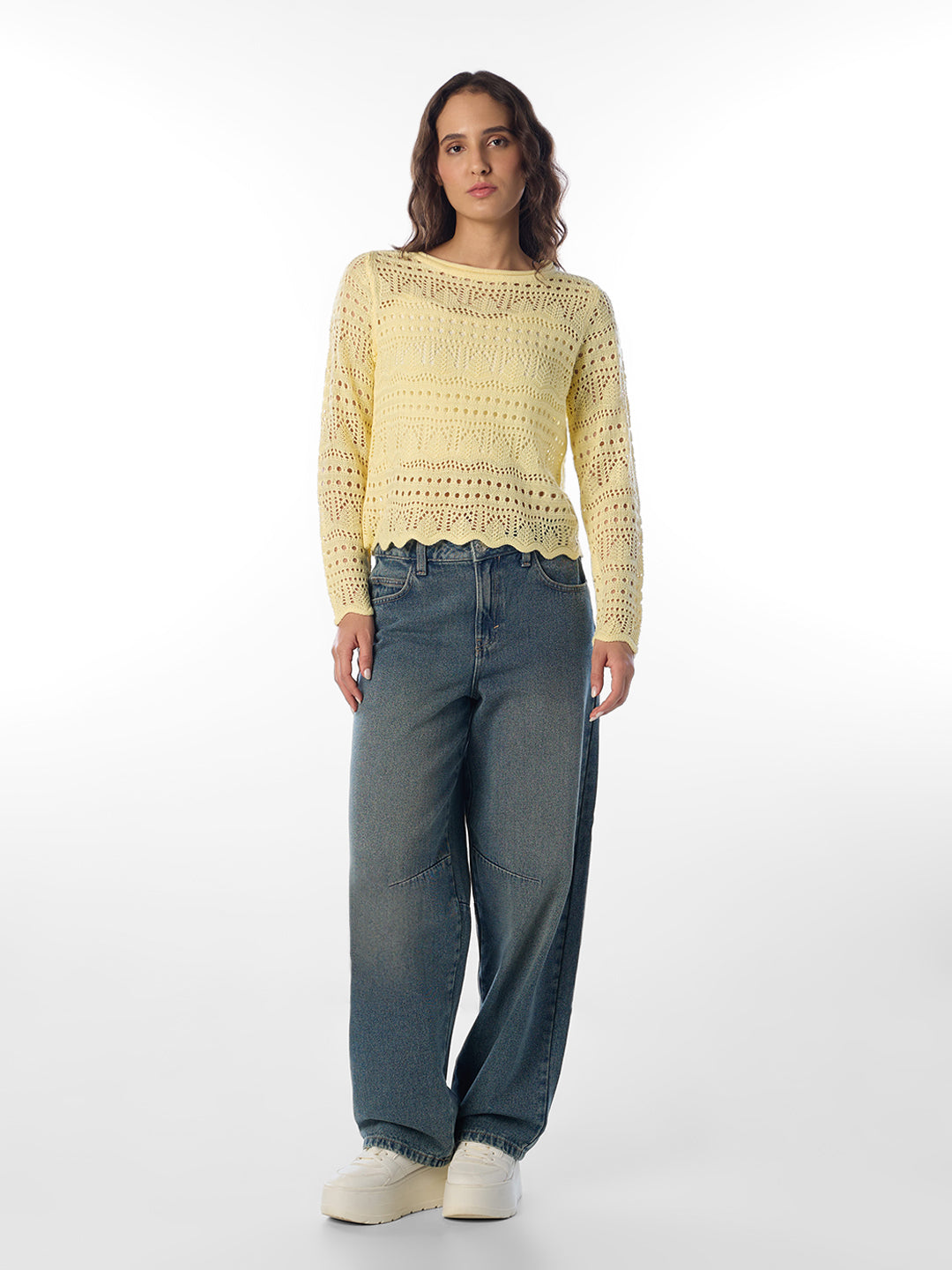 Yellow Pointelle Boatneck Pullover