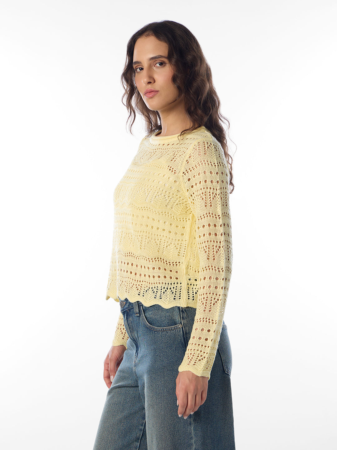 Yellow Pointelle Boatneck Pullover