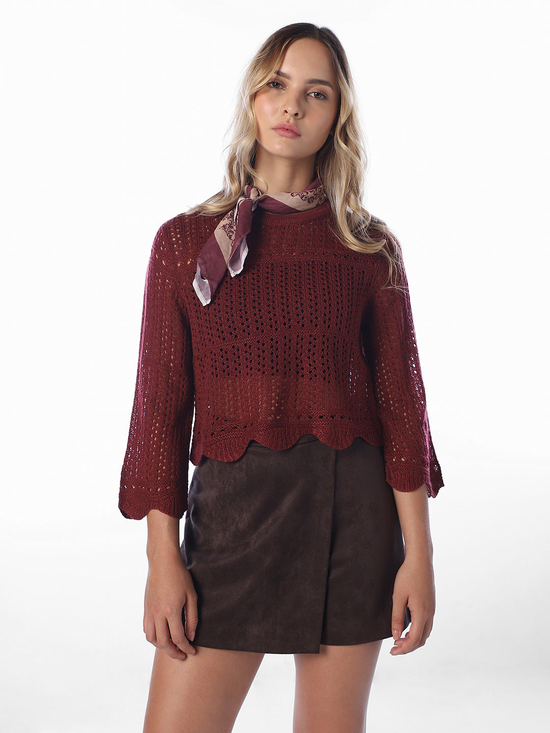 Pointelle Knit Pullover - Red