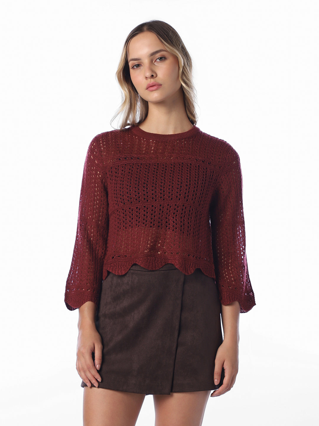 Pointelle Knit Pullover - Red