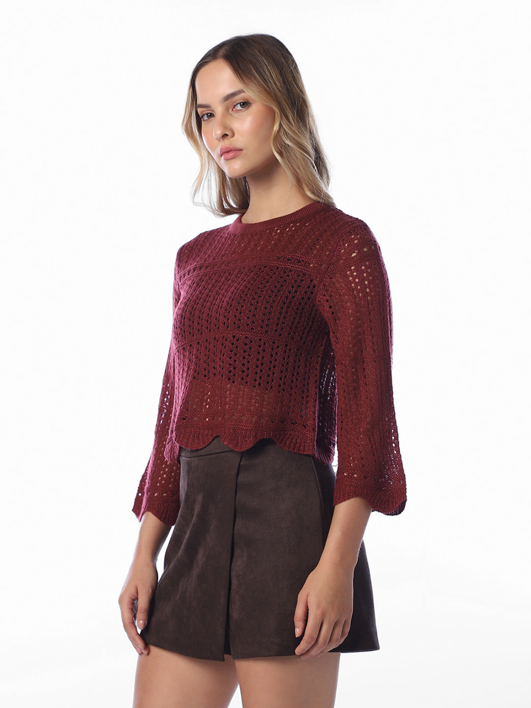 Pointelle Knit Pullover - Red