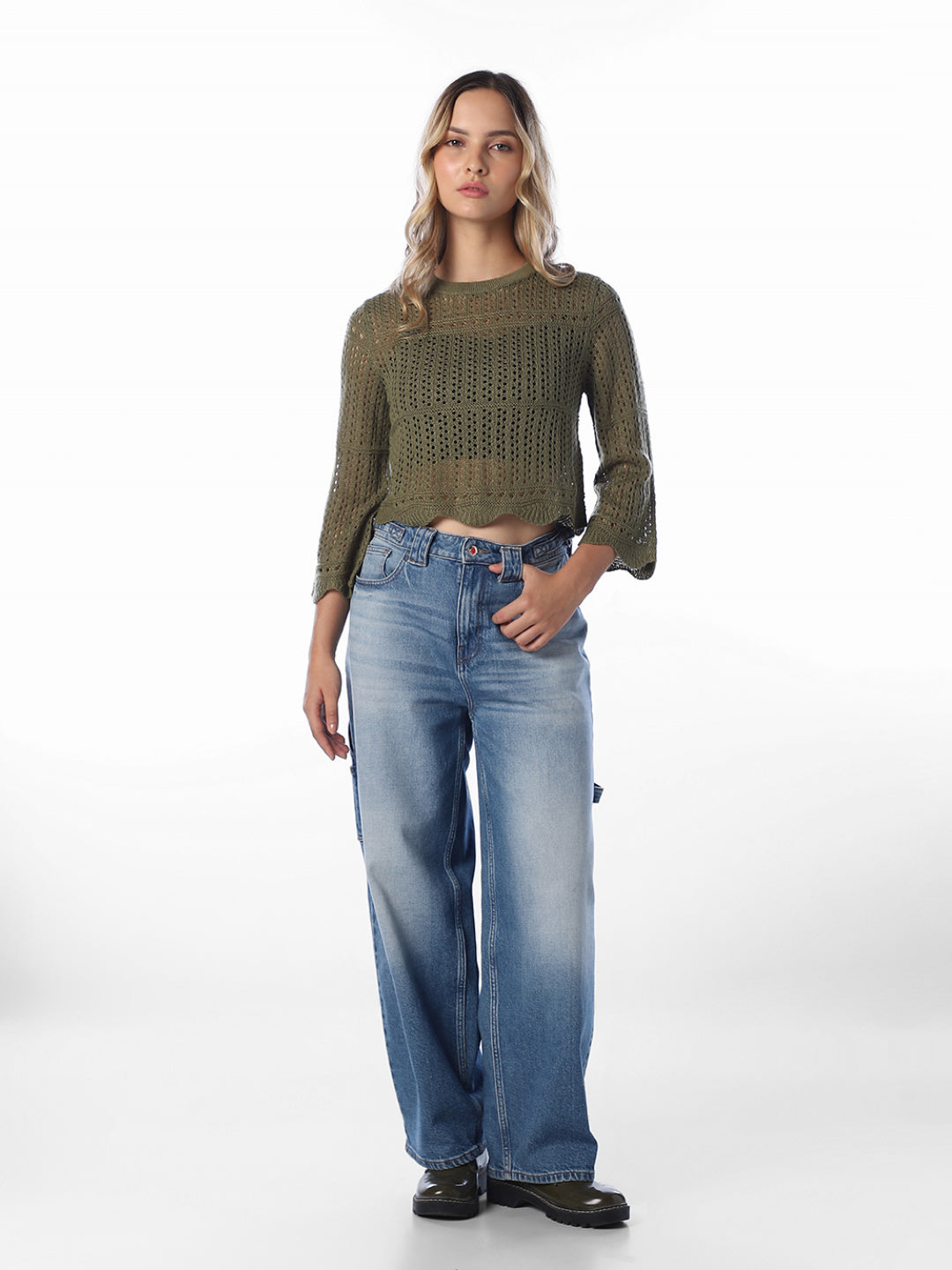 Pointelle Knit Pullover - Green