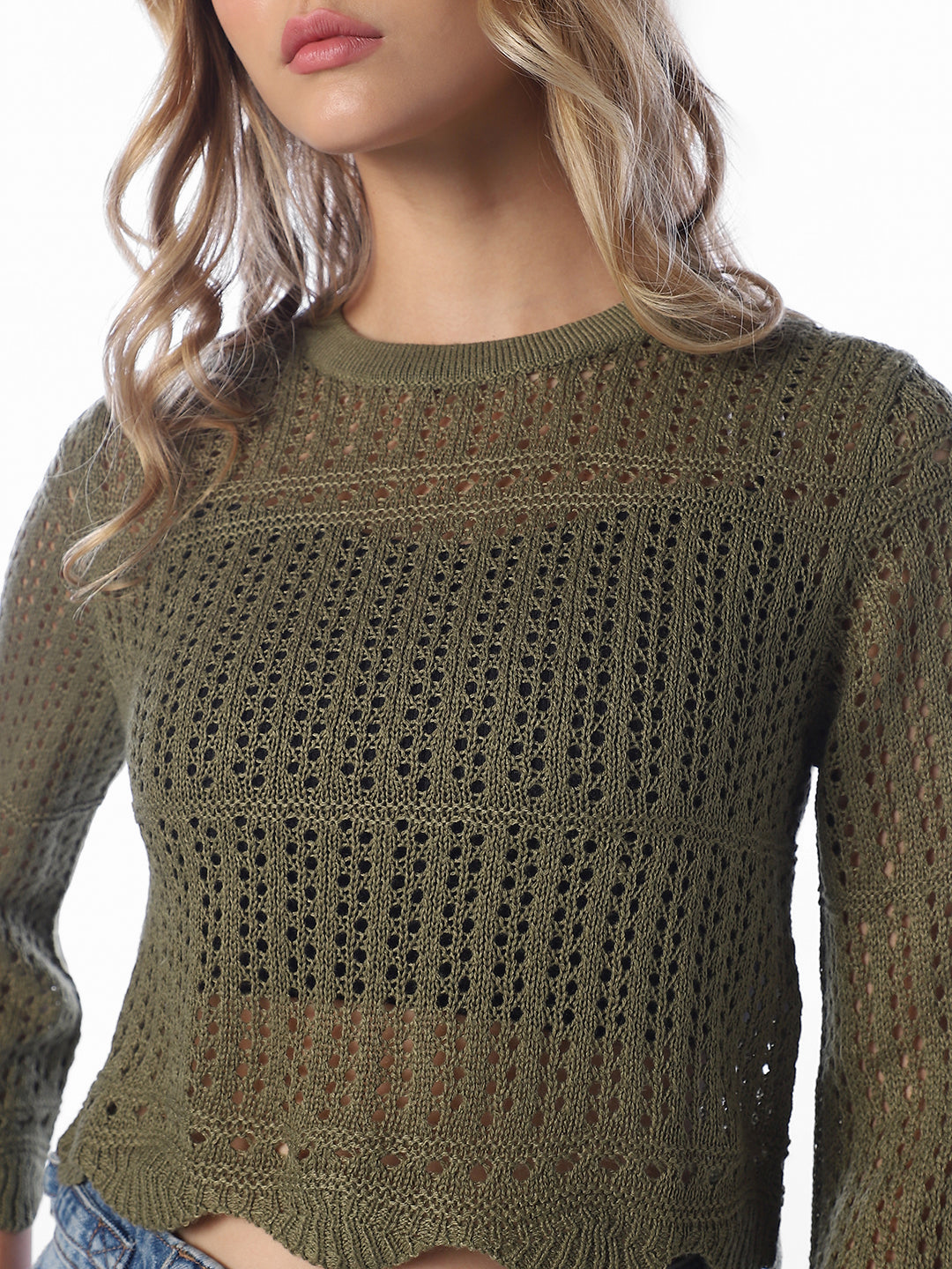 Pointelle Knit Pullover - Green