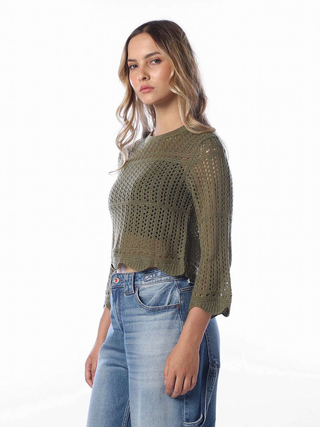 Pointelle Knit Pullover - Green