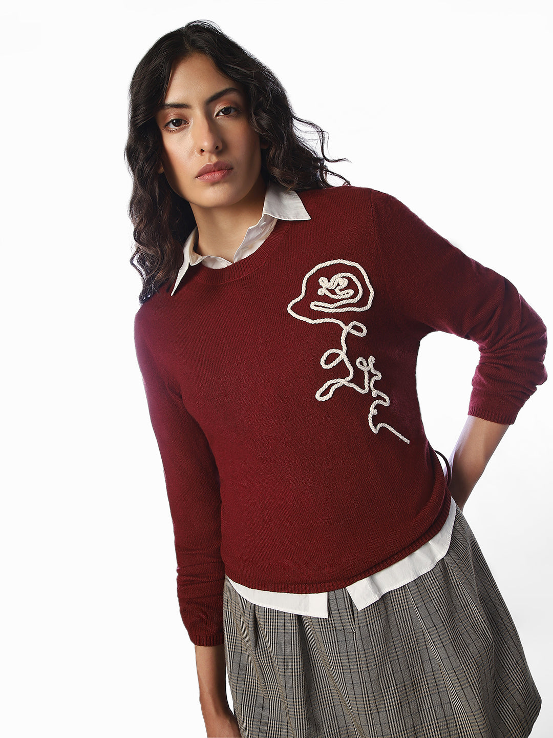Maroon Printed O-Neck Pullover