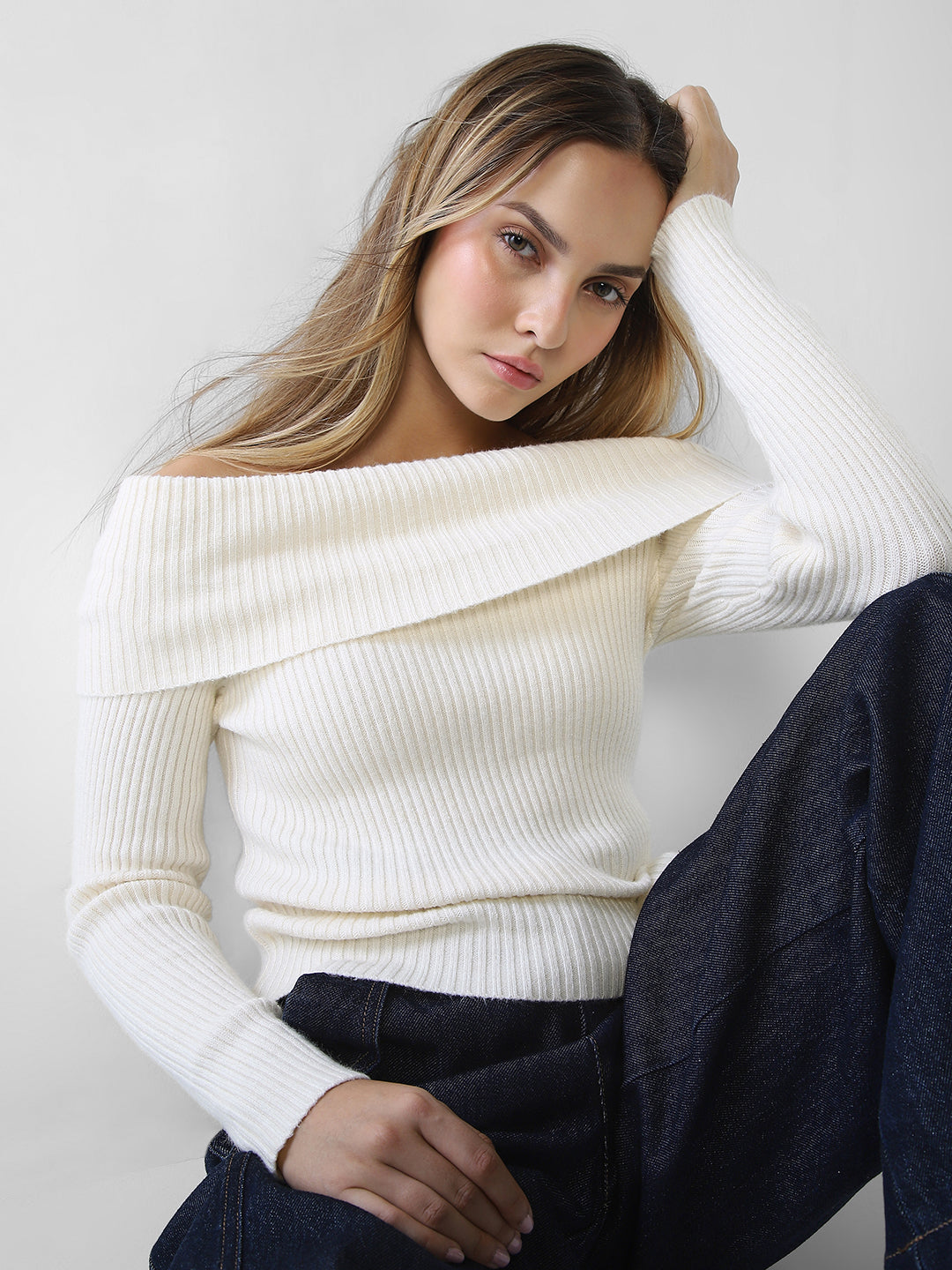 Off-Shoulder Ribbed Knit Pullover