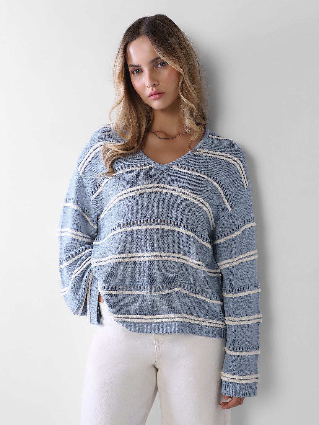 Blue V-Neck Oversized Pullover