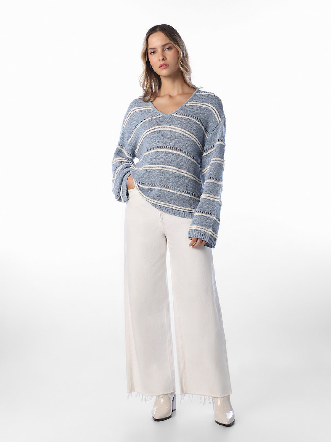 Blue V-Neck Oversized Pullover